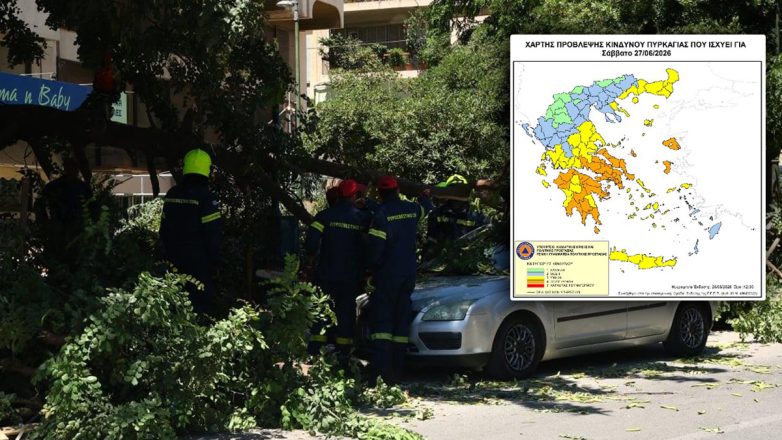 Σε πορτοκαλί συναγερμό η χώρα  Άνεμοι-ρεκόρ 124 χλμ./ώρα στην Αττική: Δέντρο καταπλάκωσε αυτοκίνητο στη Μιχαλακοπούλου